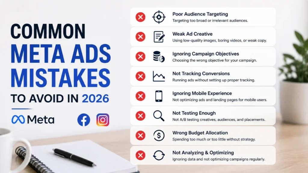 Common Meta Ads mistakes to avoid in 2026 including poor targeting, weak creatives, tracking issues, and budget errors
