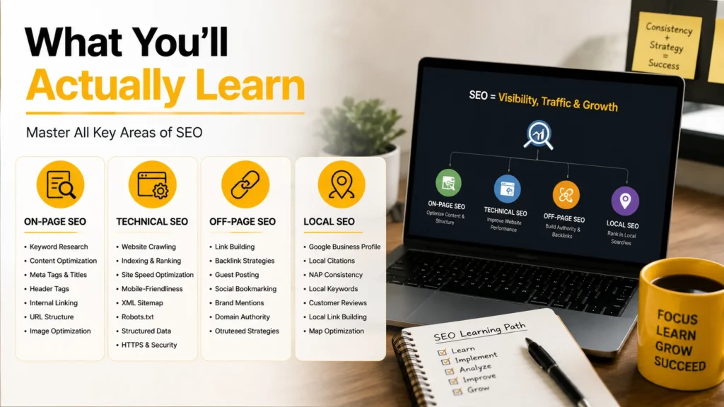 SEO internship learning roadmap covering on-page, technical, off-page, and local SEO