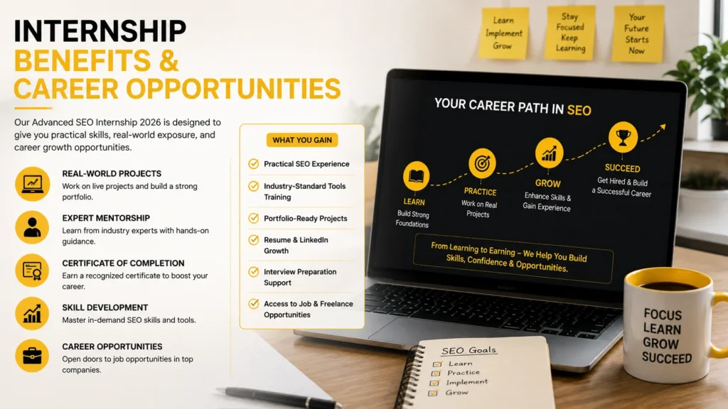SEO internship benefits and career opportunities including practical experience, mentorship, certification, and career growth