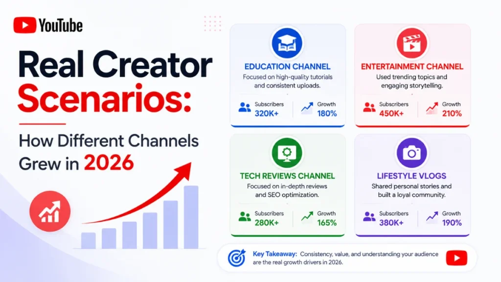 Real creator scenarios showing how education, entertainment, technology and lifestyle YouTube channels grew in 2026