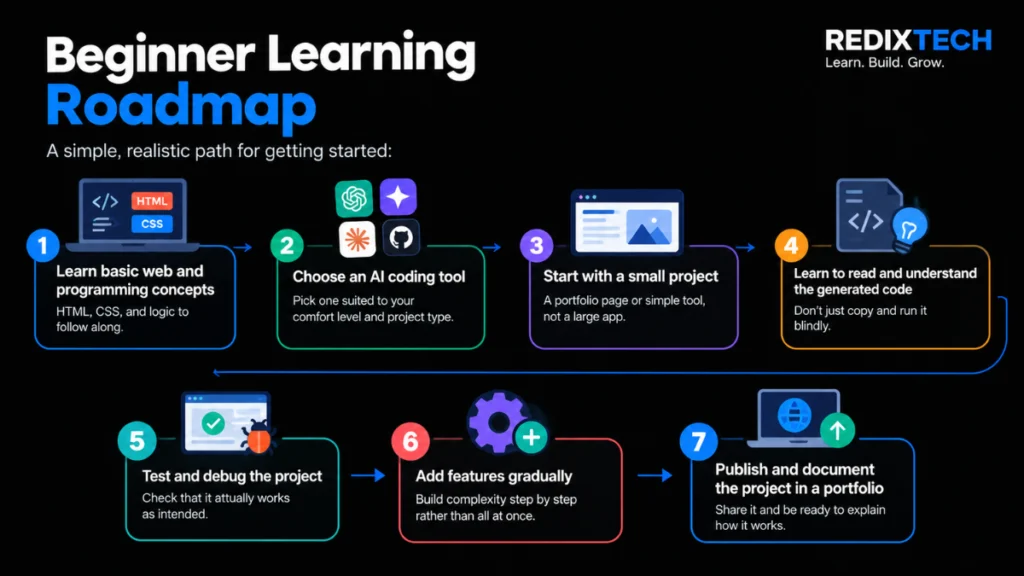 Seven-step beginner learning roadmap for building websites and apps with AI